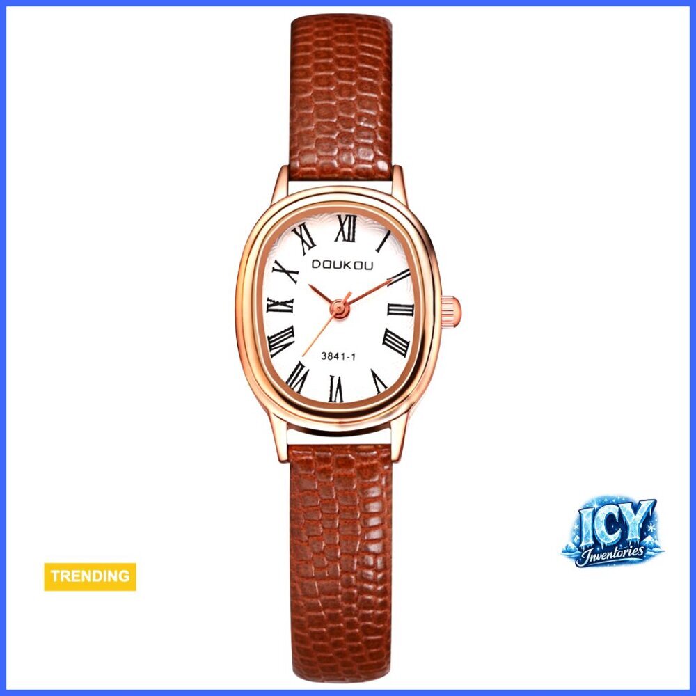 Leather Strap Analog Quartz Watch with Oval Face and Roman Numerals